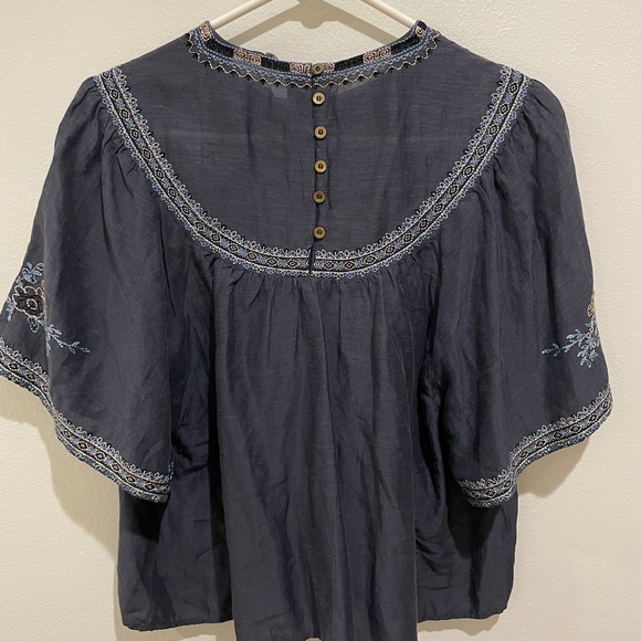 ZARA linen Floral Embroidered Blouse Oversized M Boho Festival Huipil Top Blue F - Picture 4 of 5
